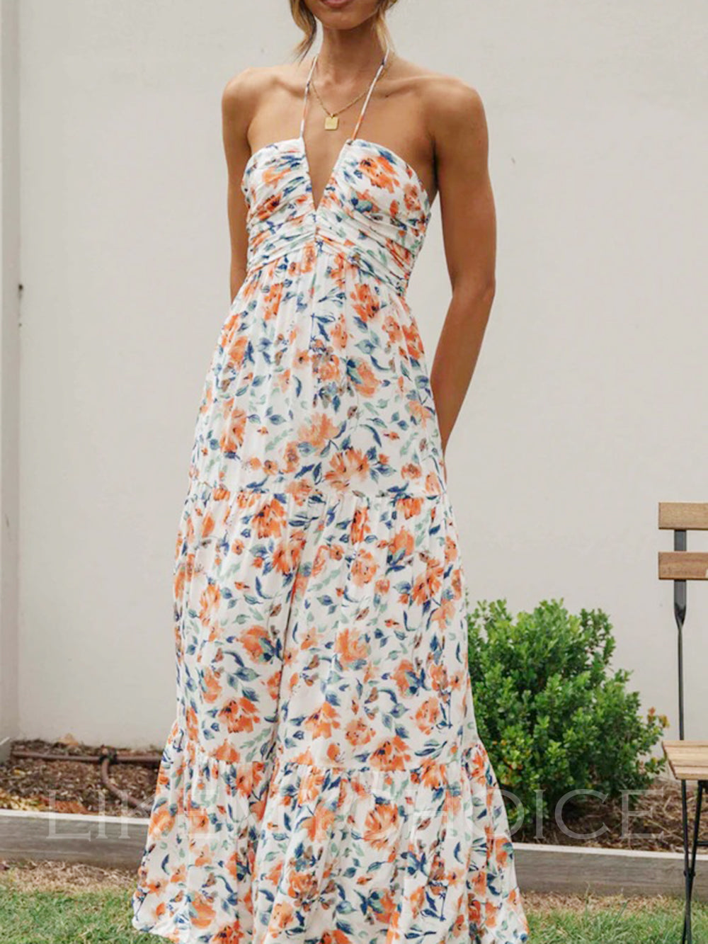 Halter Floral Print Chiffon Maxi Dress
