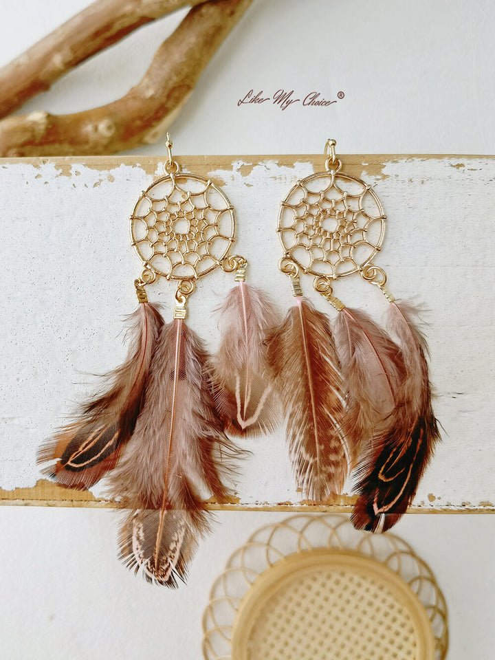 Pendientes bohemios con estilo de atrapasueños largos de plumas