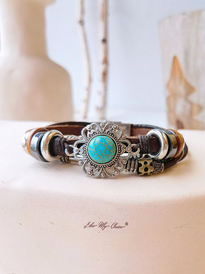 Bohemian Ethnic Turquoise Bracelet  Leather Chain and Totem Element