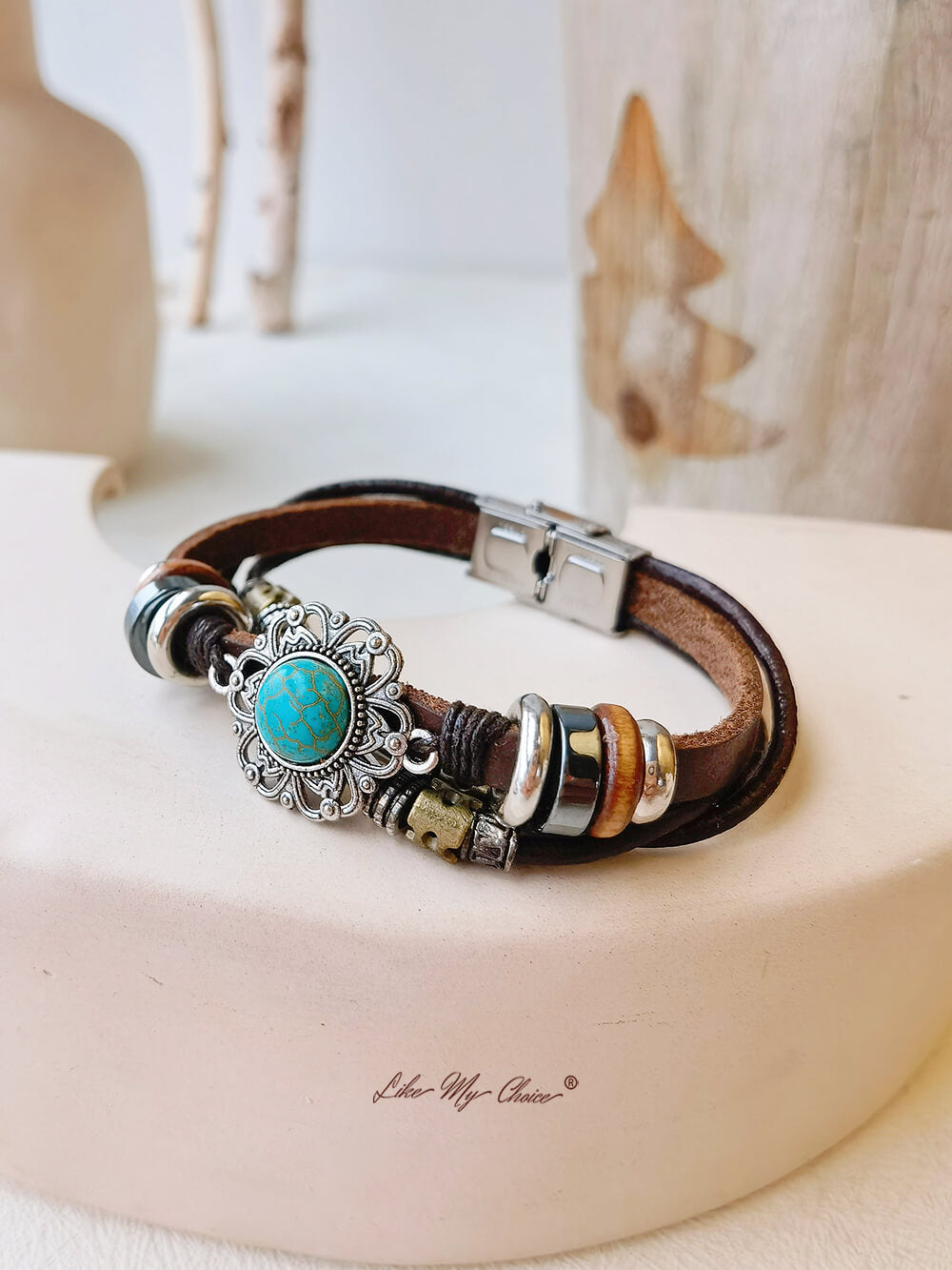 Bohemian Ethnic Turquoise Bracelet  Leather Chain and Totem Element