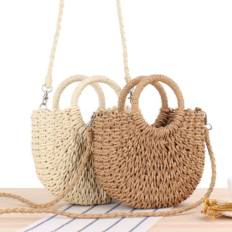 Vintage Coin Buckle Handbag: Woven Cotton Rope with Round Rattan Handle and Diamond Hollow Pattern