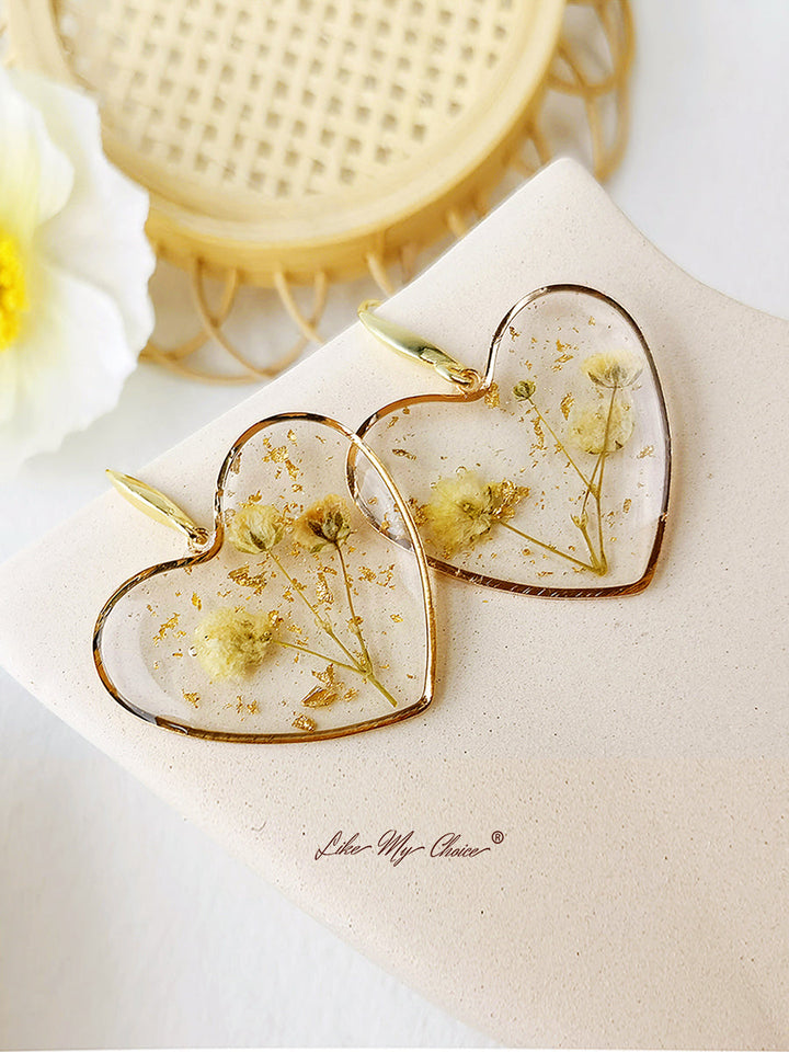 Pressed Flower Earrings - Resin Heart Dried Flower
