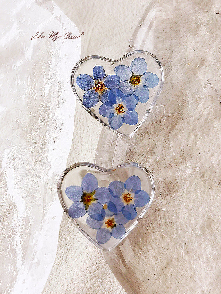 Pressed Flower Earrings - Heart Shaped Forget Me Not Flower