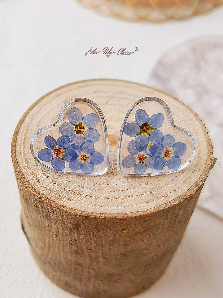 Pressed Flower Earrings - Heart Shaped Forget Me Not Flower