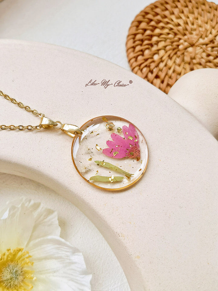 Handmade Birth Flower Bouquet Pressed Resin Pendant Necklaces-February flower