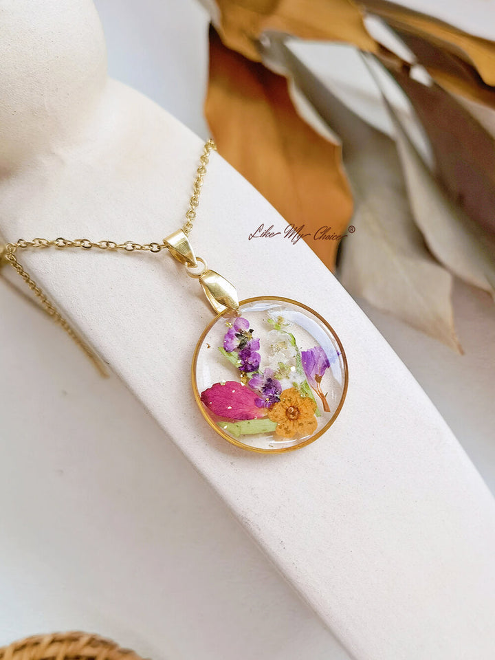 Handmade Birth Flower Bouquet Pressed Resin Pendant Necklaces-May flower