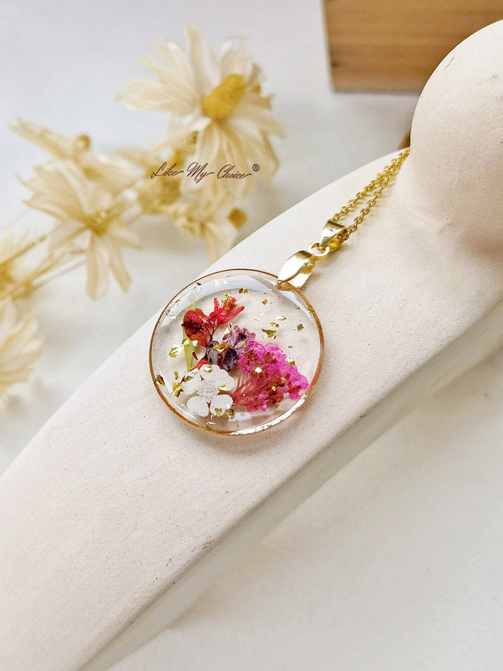 Handmade Birth Flower Bouquet Pressed Resin Pendant Necklaces-April flower