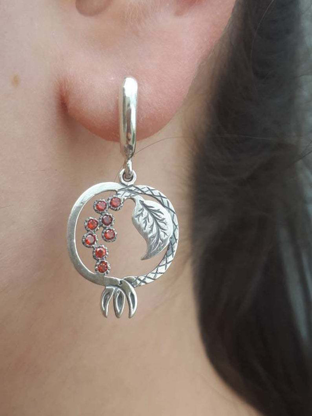 Pomegranate Design Silver Leaf Earrings