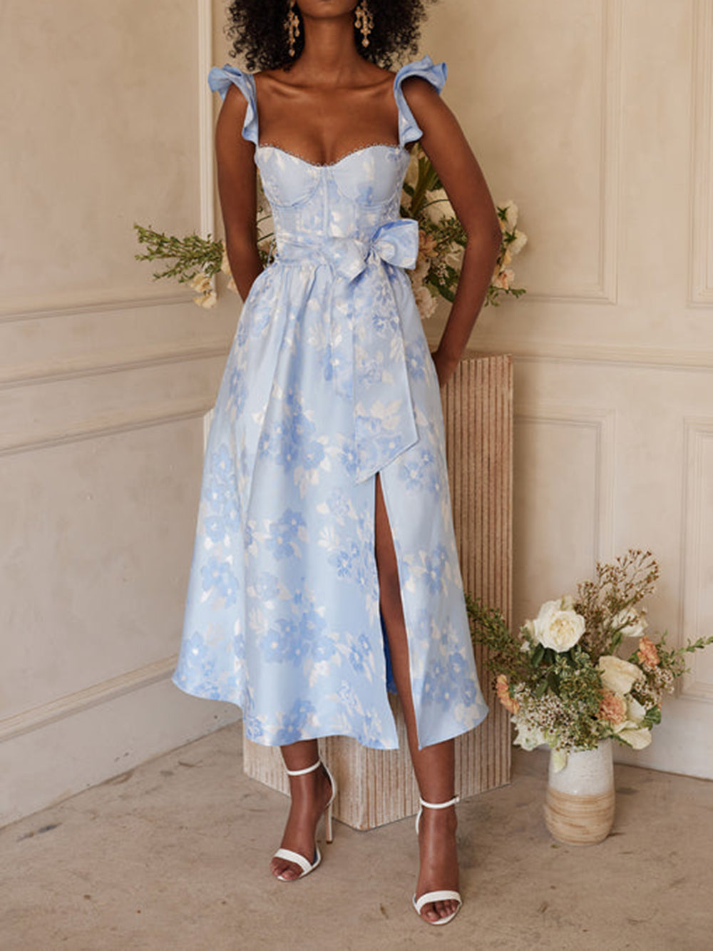 버터플라이 슬리브 프린트 웨이스트 타이 드레스