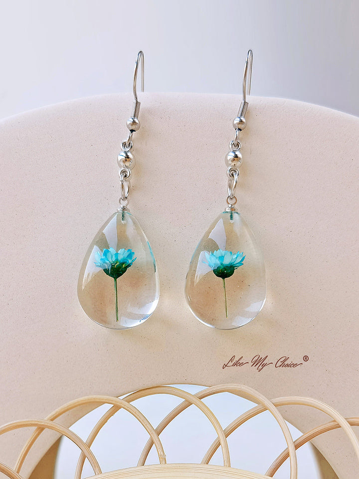 Natural Dahlberg Daisy Dried Flowers of Happiness Water Drop Earrings