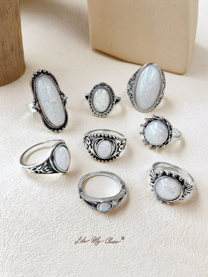Conjunto de anéis Boho de pedra opala boêmia 8 peças