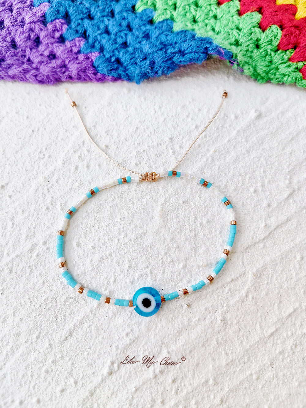 Verstellbares Perlenarmband mit Kordelzug, blaues Auge