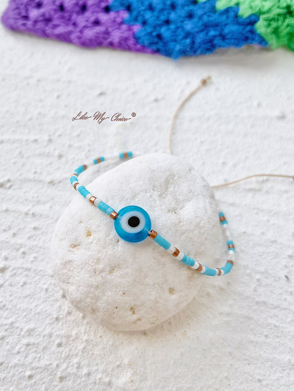 Verstellbares Perlenarmband mit Kordelzug, blaues Auge