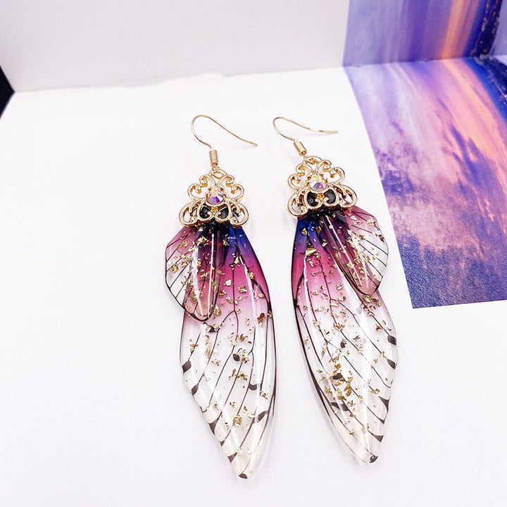 Křišťálové náušnice s motýlími křídly, fialovými drahokamy, cikádovými křídly