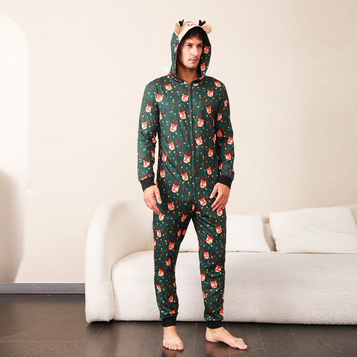 Green Fox and Christmas Llight Bulb Print Fmalily Matching Pajamas Onesies