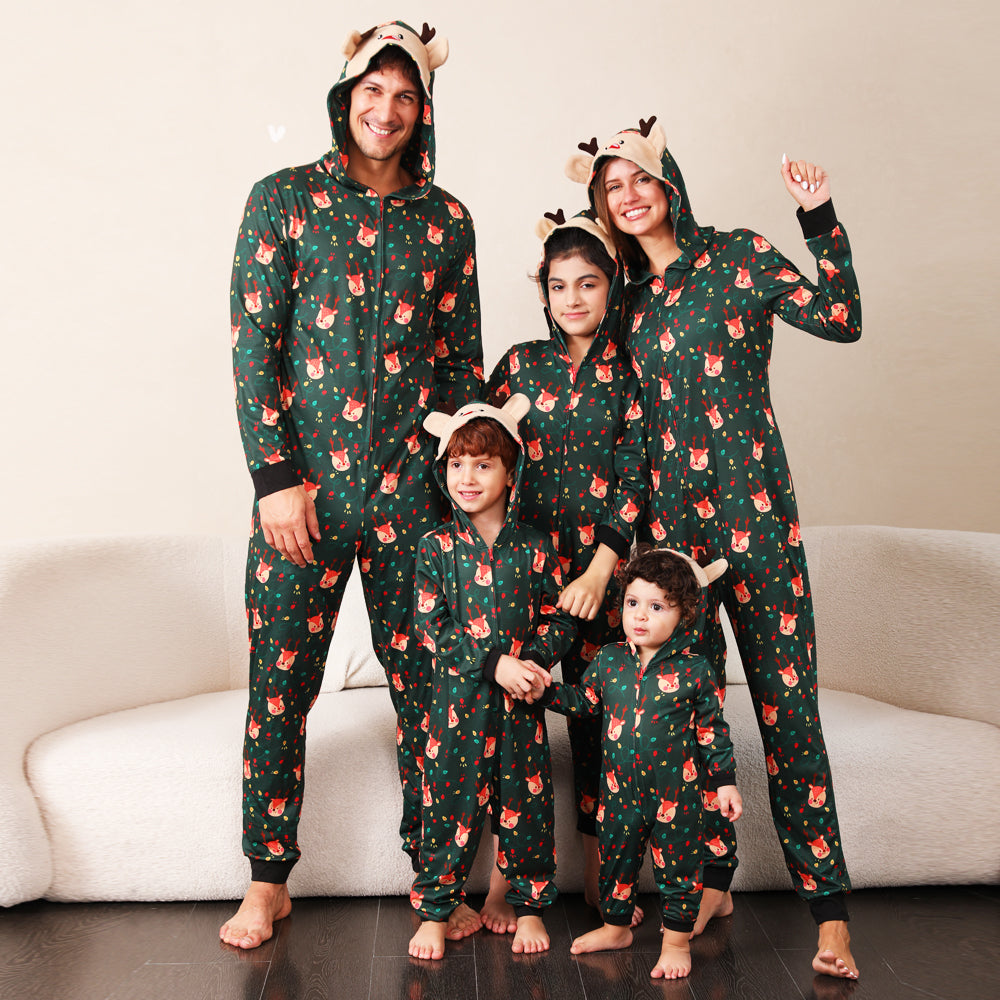 Green Fox and Christmas Llight Bulb Print Familiematchende pyjamas Onesies