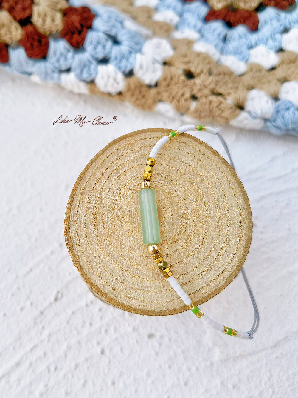 Regulowana bransoletka z koralików ze sznurkiem, zielony kryształ