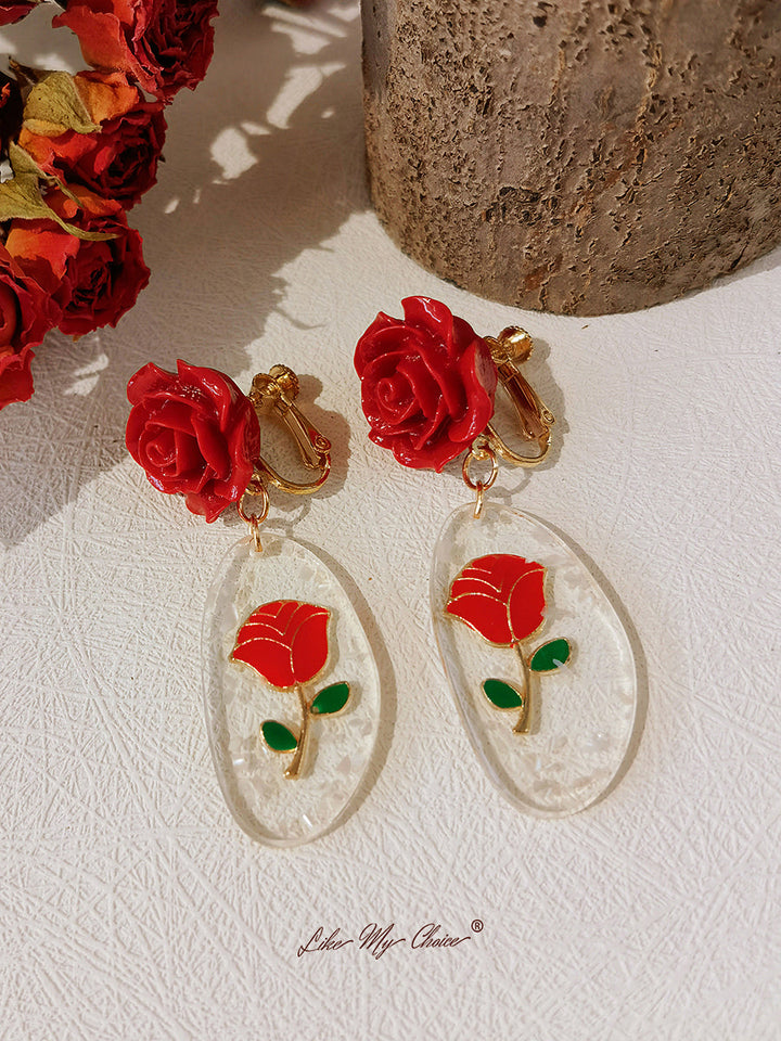 Victorian Inspired Romantic Red Rose Earrings