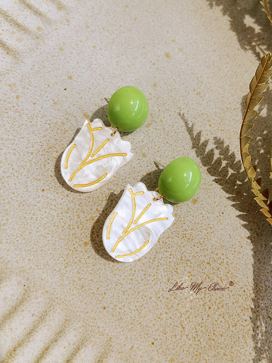 White Tulip Gold Floral Earrings