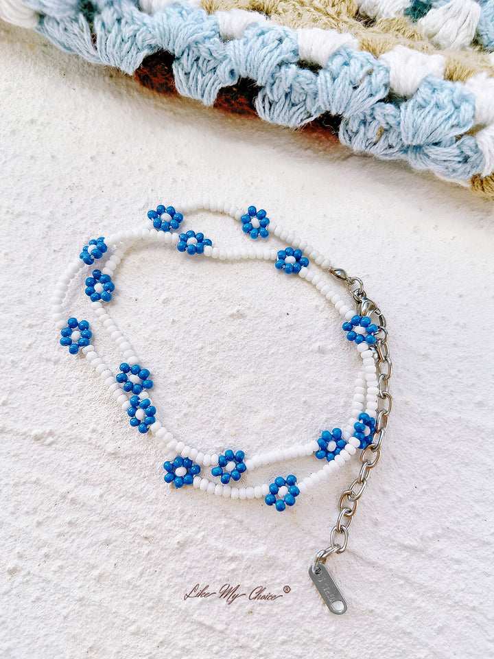 Adjustable Drawstring Beaded Bracelet Blue Daisy