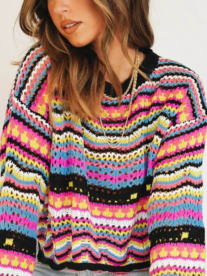 Mellemfarve stribet sweater med rund hals