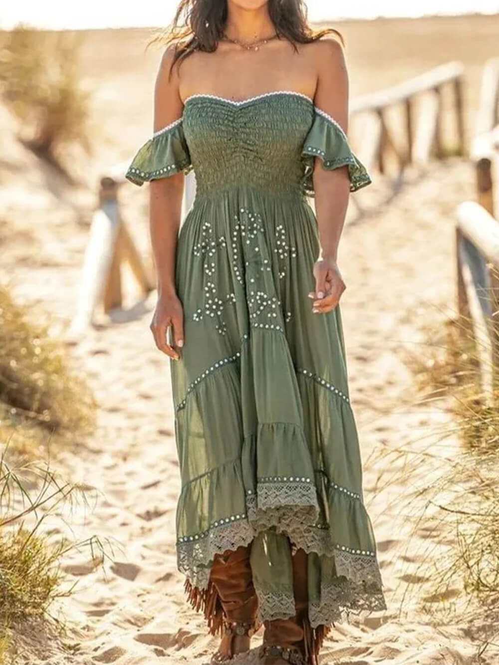 Bohemian One-Shoulder Lace Dress