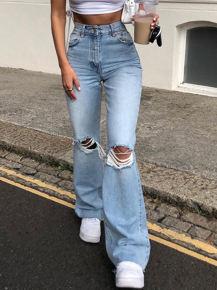 Wide-Leg Ripped Bootcut Jeans