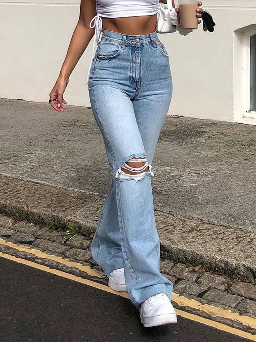 Wide-Leg Ripped Bootcut Jeans