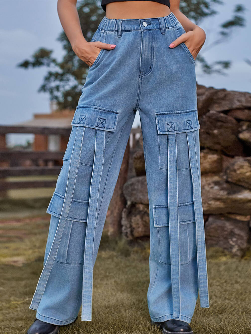 Calça cargo jeans com fita lavada