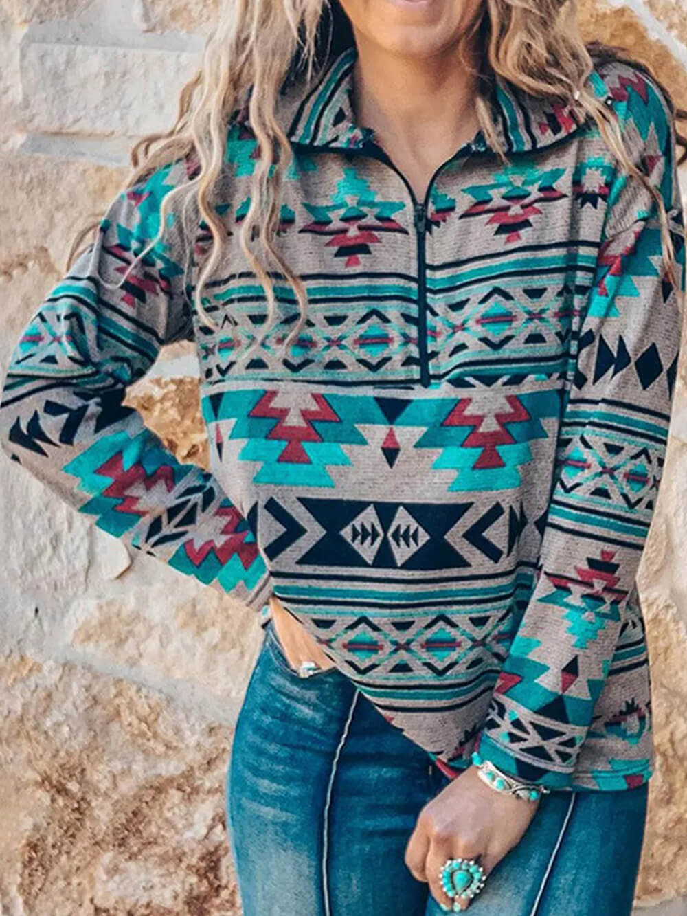 Lässiges Bohemian-Sweatshirt mit Reißverschluss