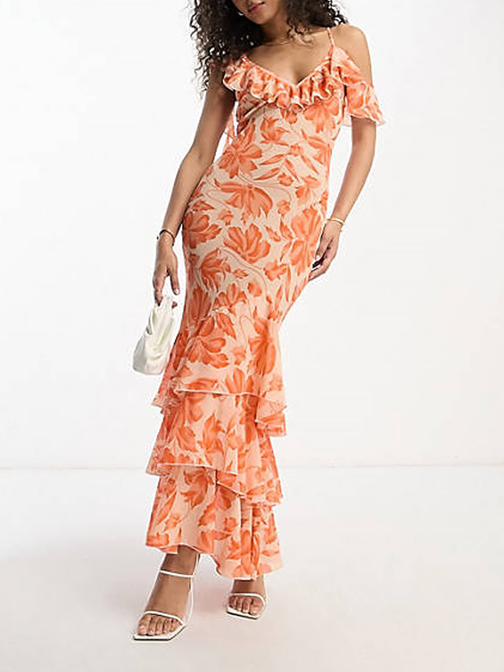 오렌지 플로럴 자카드 숄더 비대칭 맥시 드레스