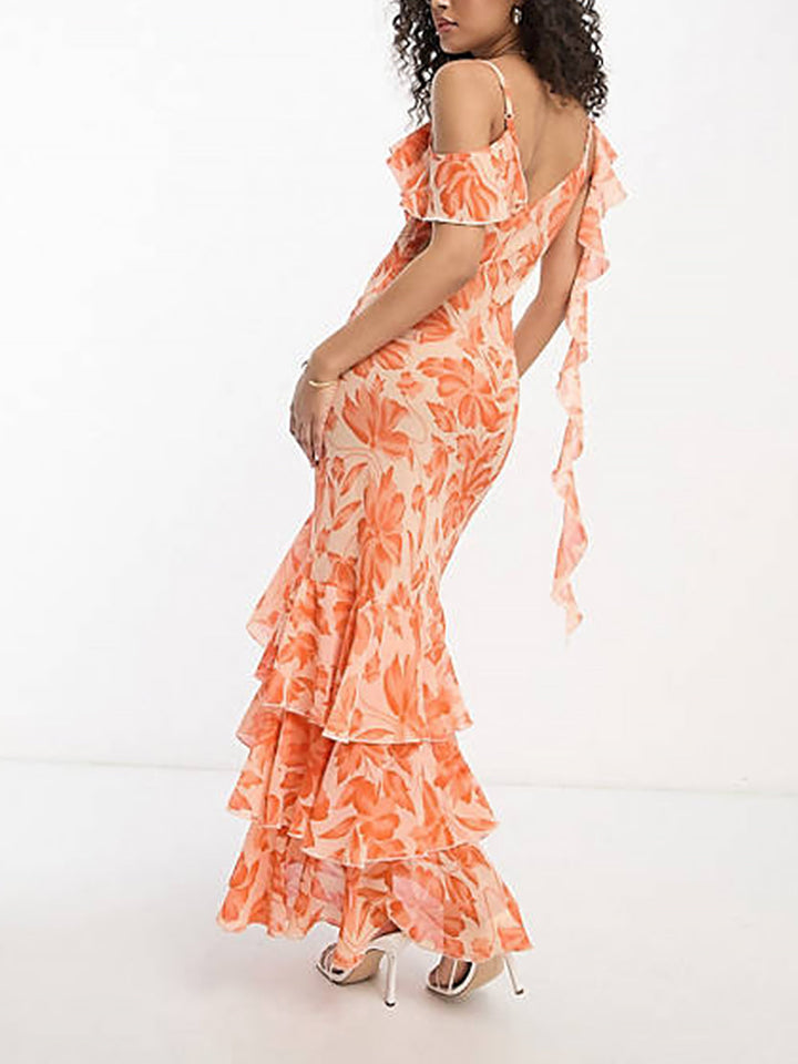 오렌지 플로럴 자카드 숄더 비대칭 맥시 드레스