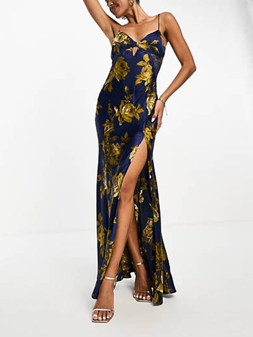 Granatowa, satynowa sukienka maxi z nadrukiem