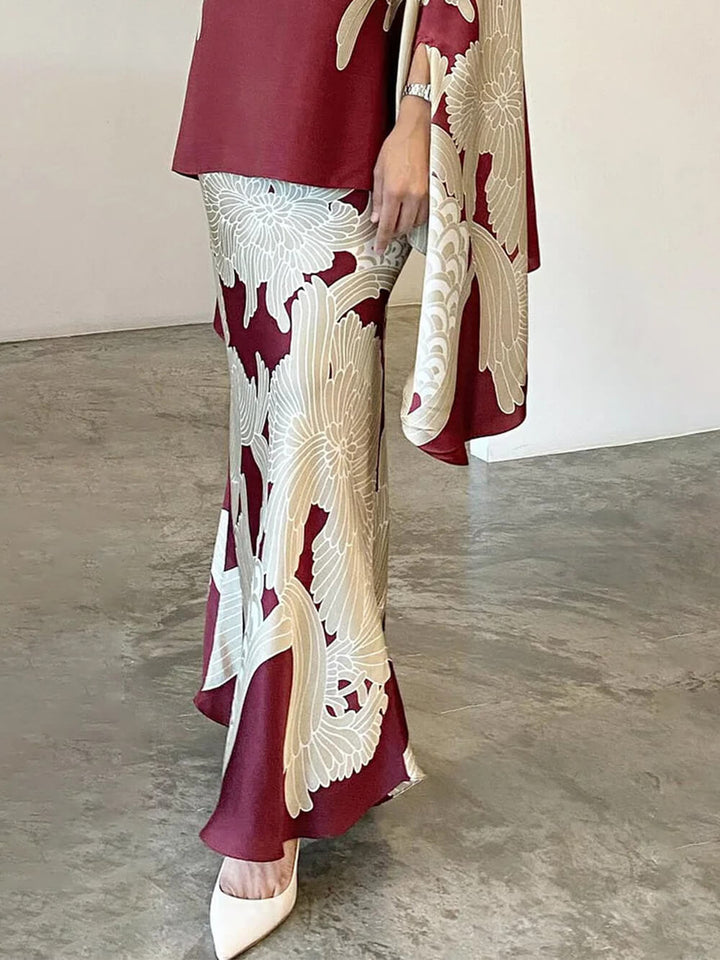 Elegant Floral Turtleneck Skirt Suit