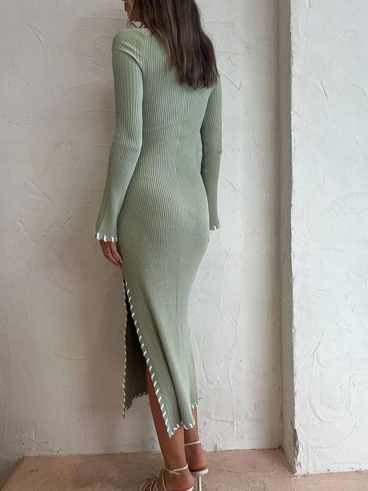 하이 웨이스트 솔리드 컬러 바디콘 슬릿 미디 드레스