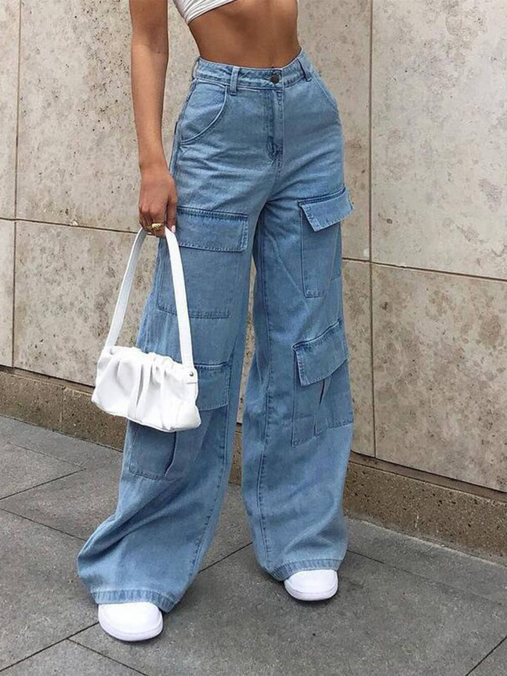 Gewassen, losse, vloerlange jeans met meerdere zakken