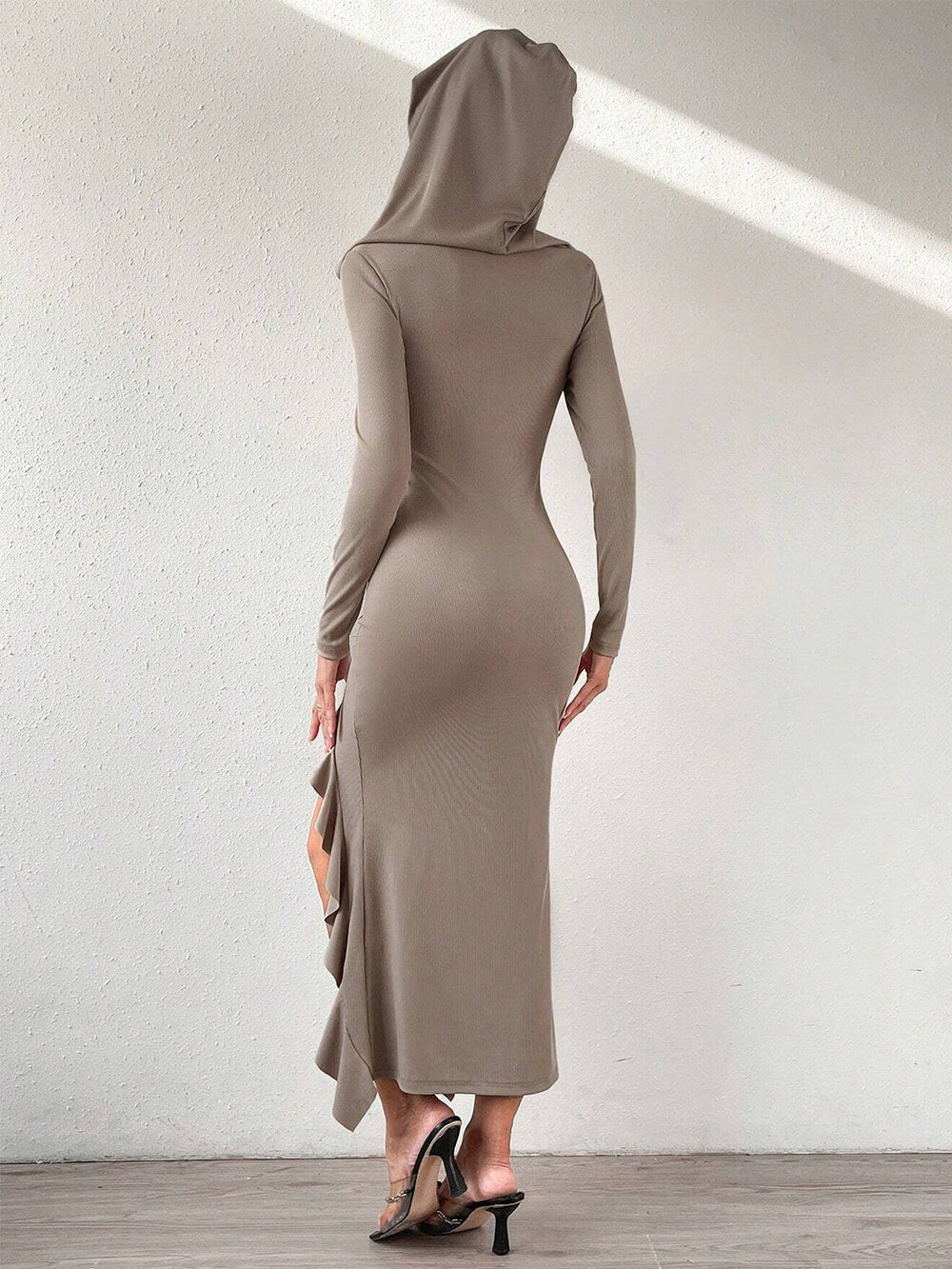 Elegant Hooded Ruffled Cape Maxi Dress