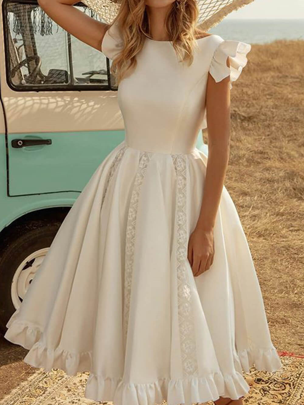Solid Color Elegant Puff Midi Dress