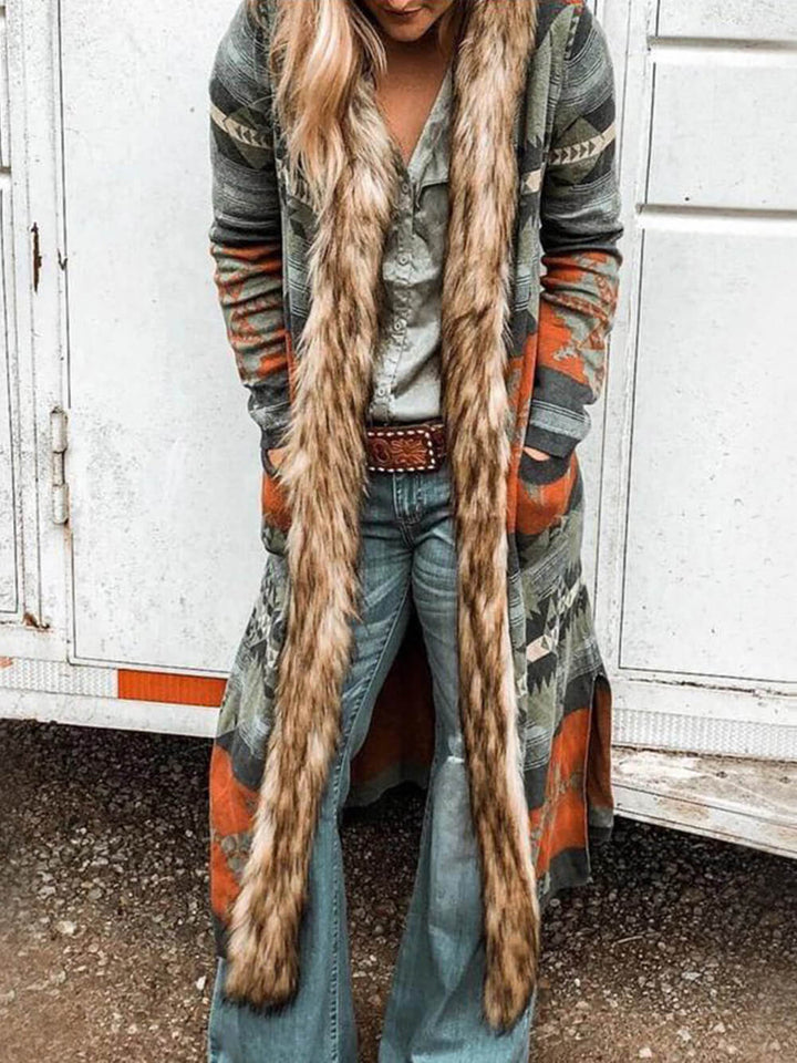 Long Fur Collar Long Sleeve Printed Long Trench Coat