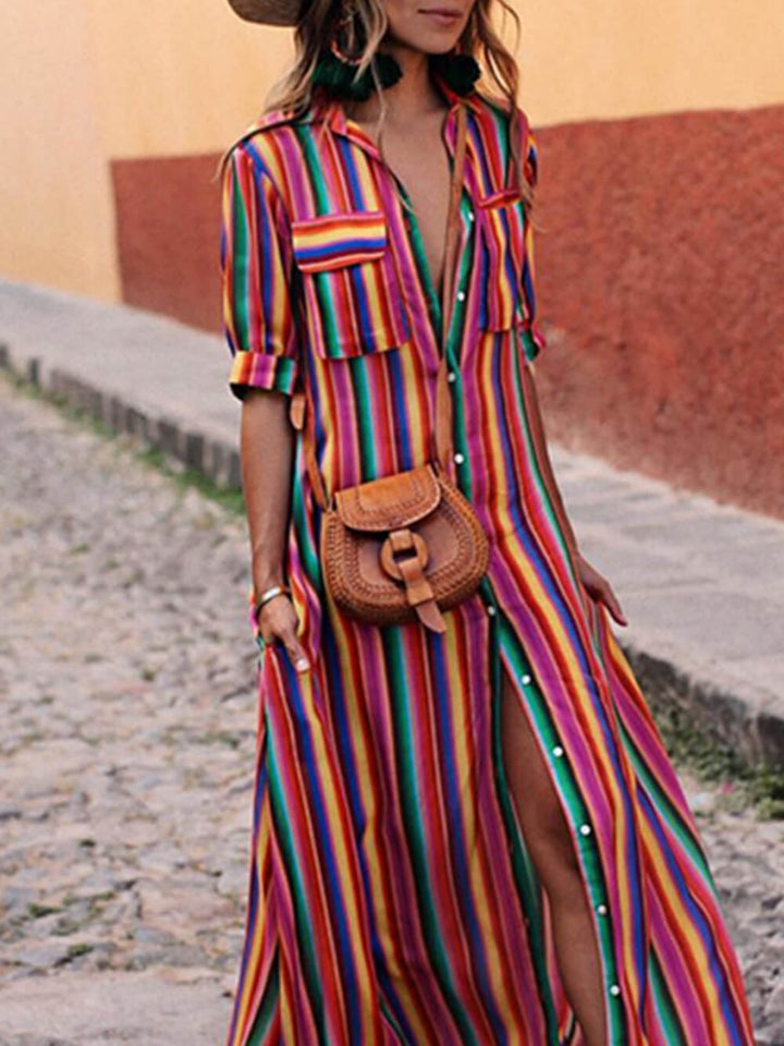 Casual Striped Printed Shirt Maxi Skirt
