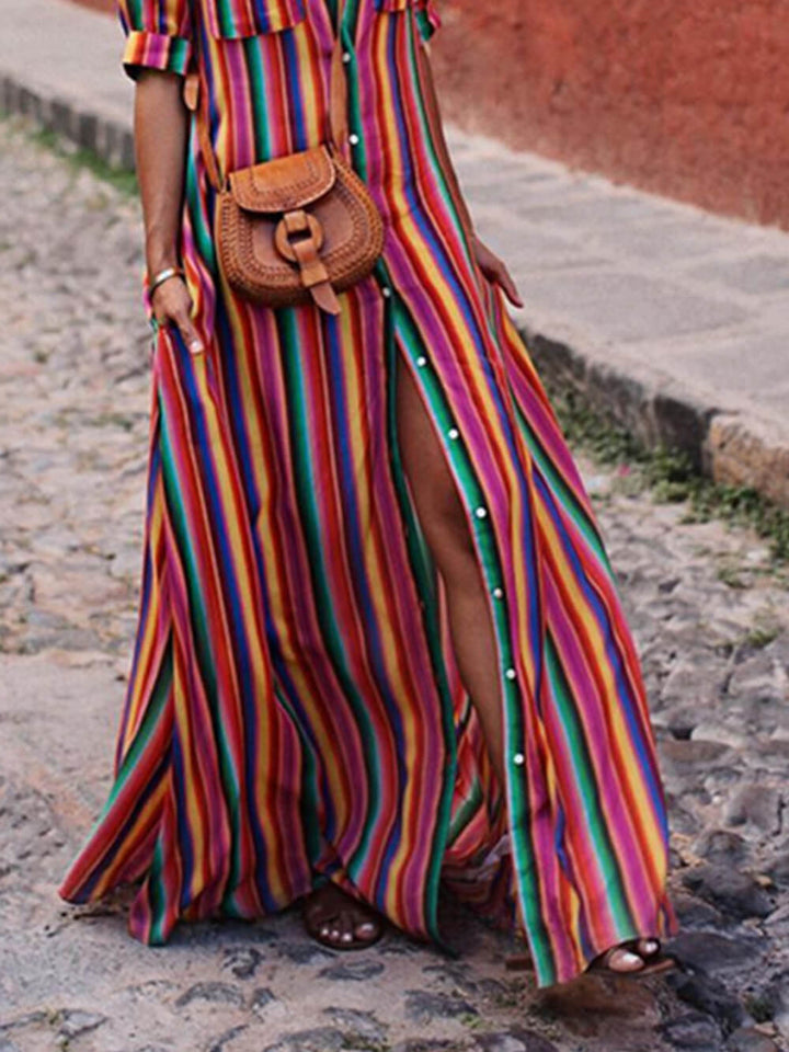 Casual Striped Printed Shirt Maxi Skirt