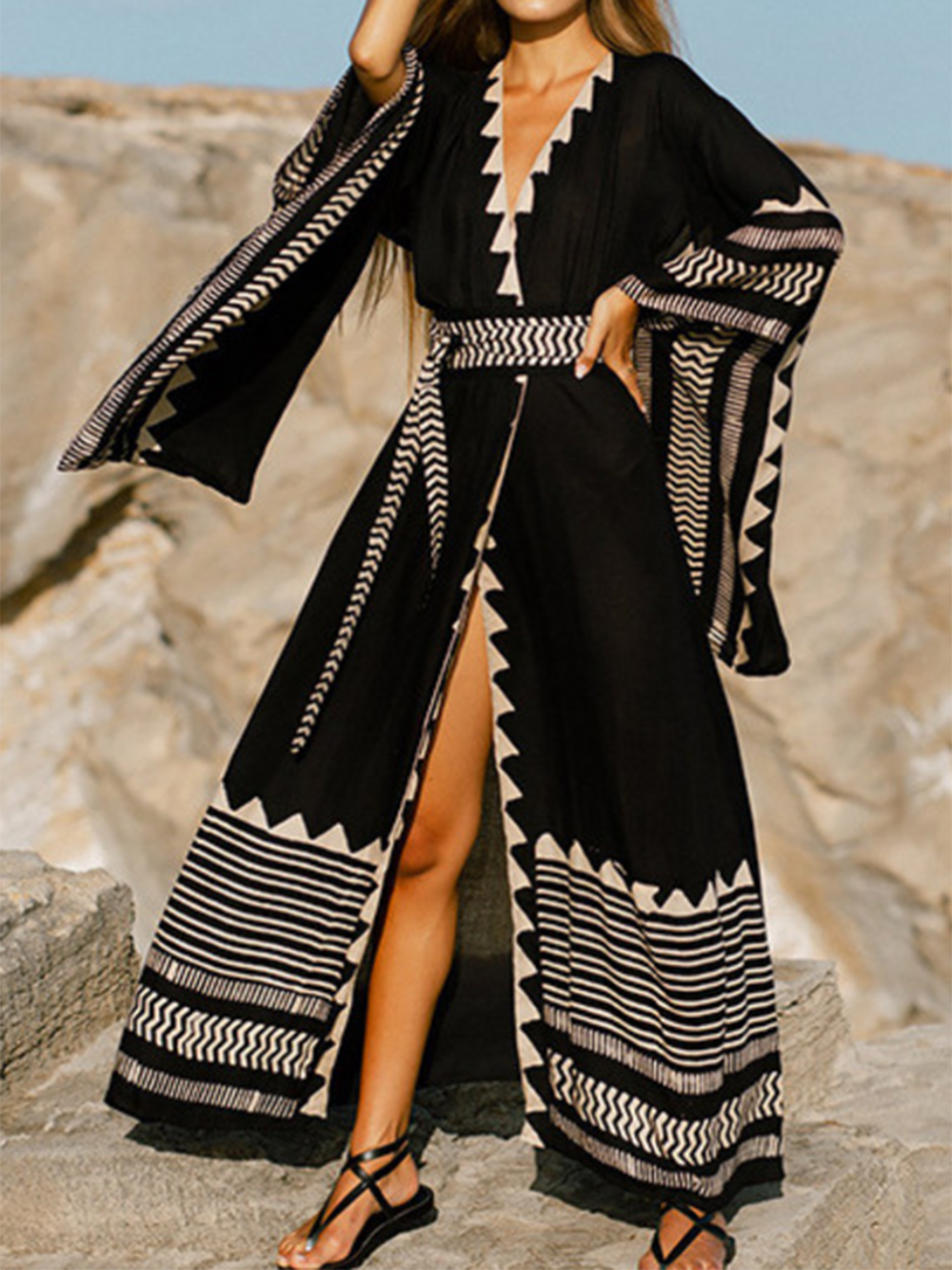 黑色波西米亚开衩长袖沙滩罩衫
