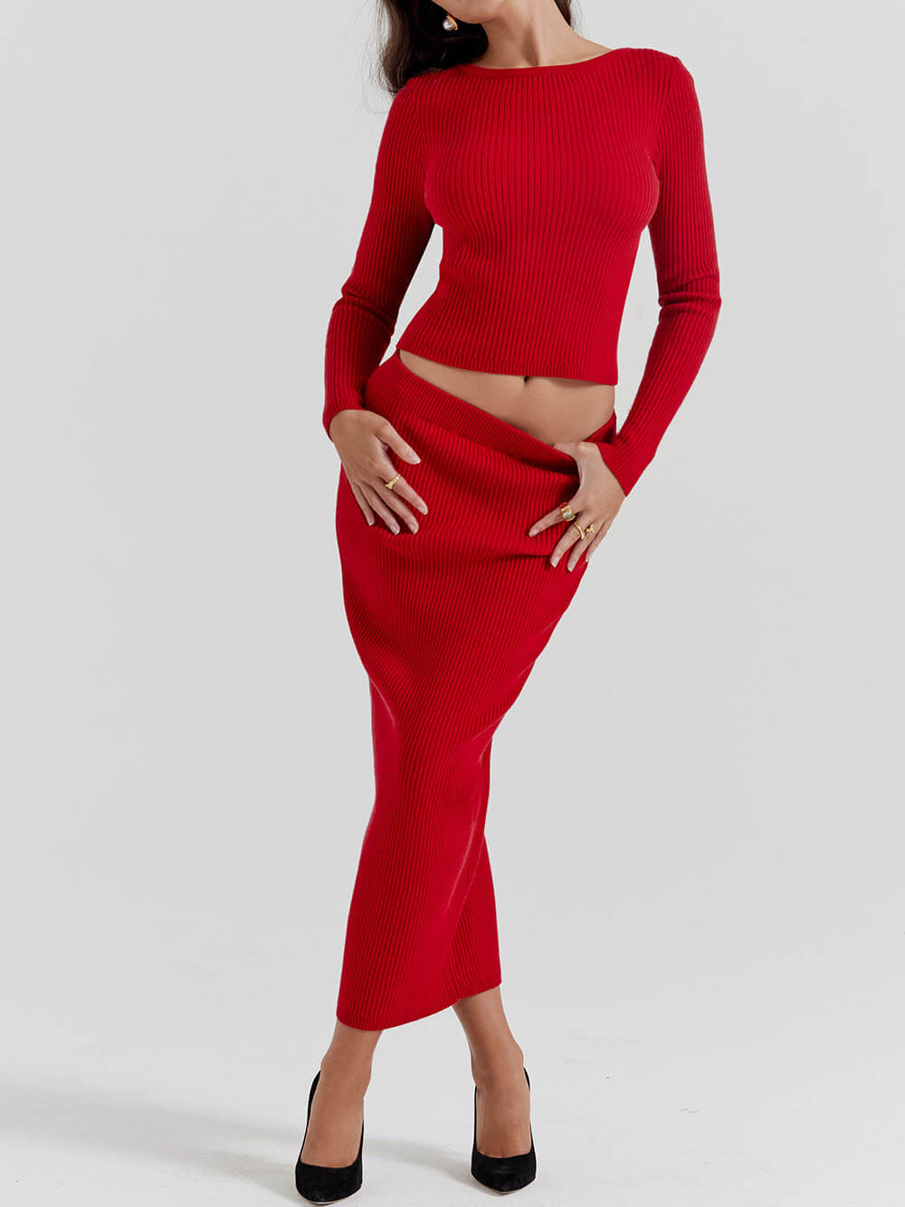 Jupe longue rouge en tricot mélangé