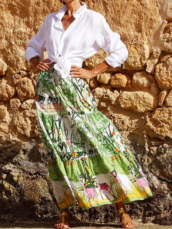 Printed Waist-High Hem Mid-Length Skirt