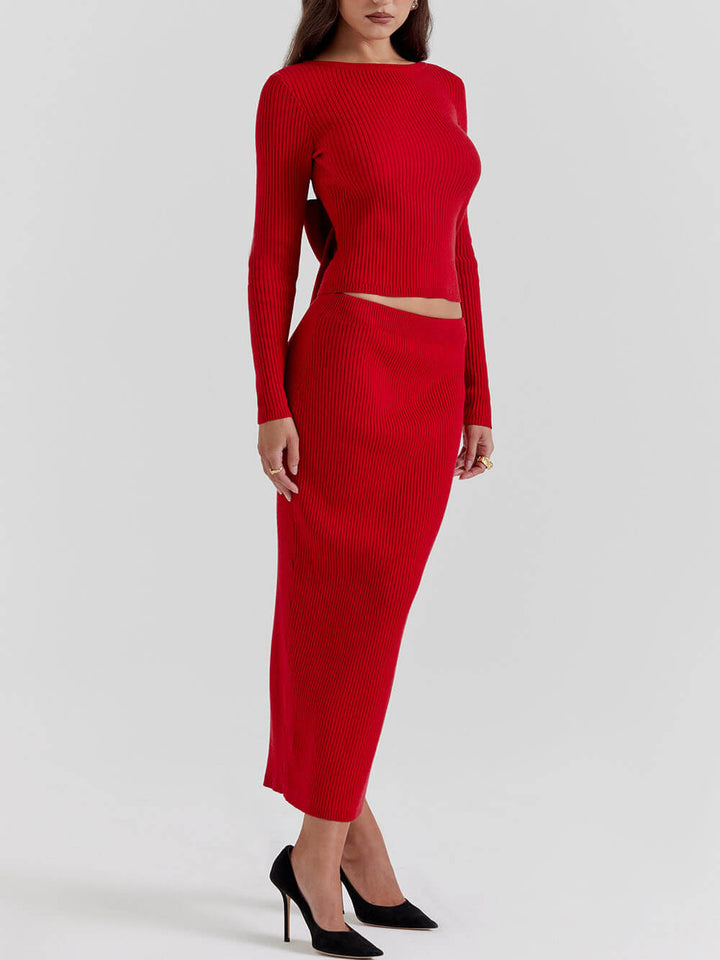 红色针织混纺长裙