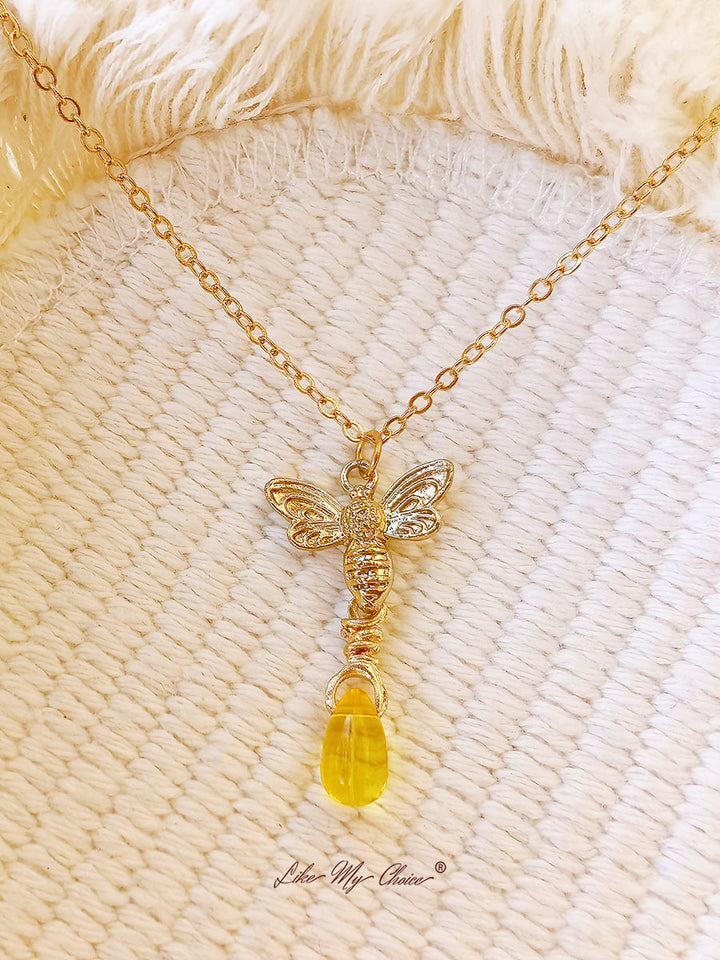 Retro Bee Amber Drop Necklace