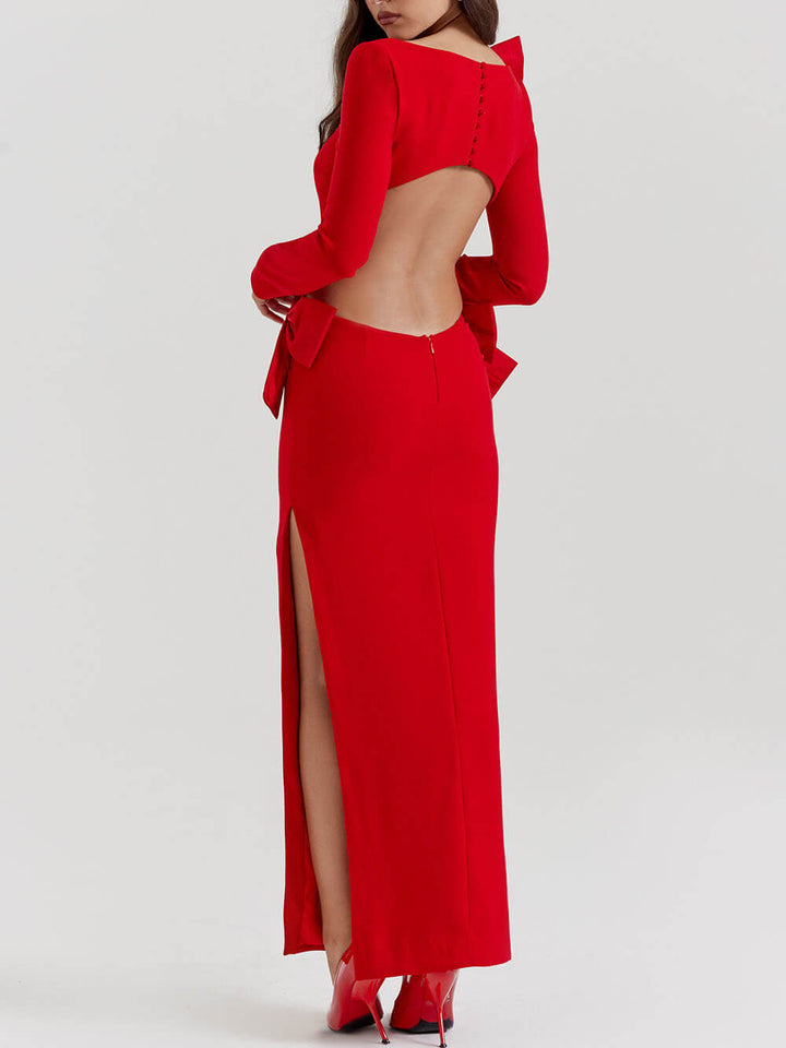 فستان ماكسي بفيونكة حمراء