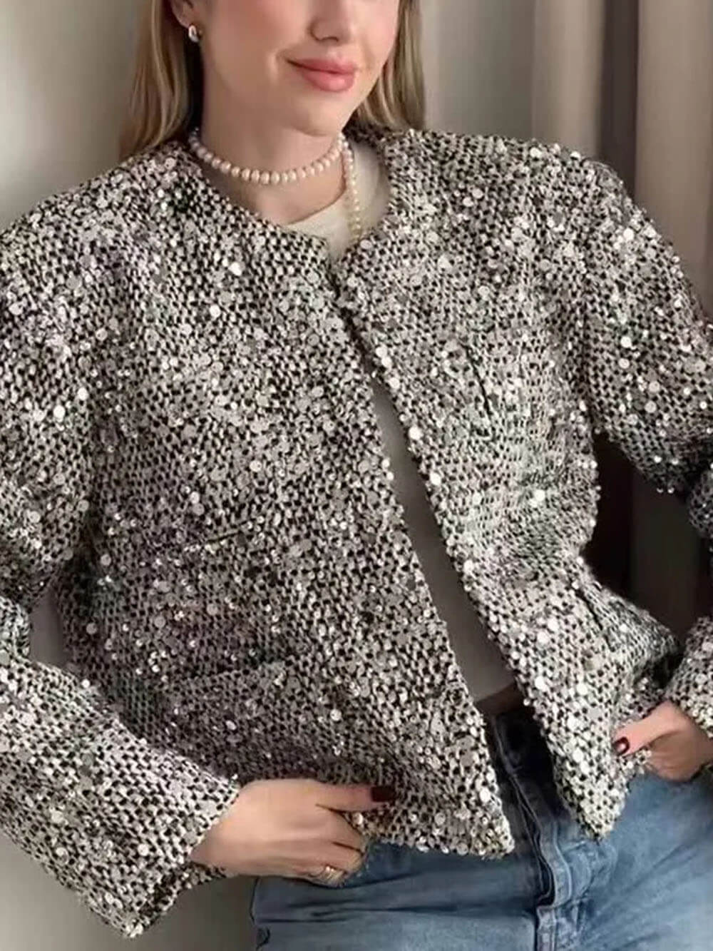 Metallic Silver Sequins Jacket