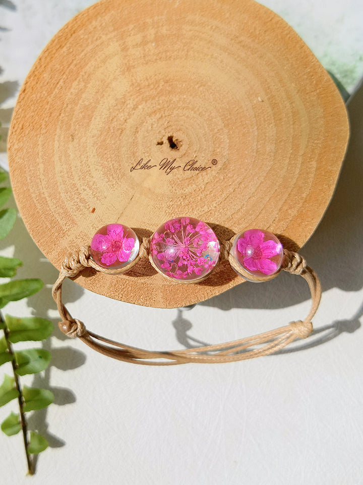 Cherry Blossom Gemstone Glass Cover Charms Adjustable Rope Strand Bangle Bracelet