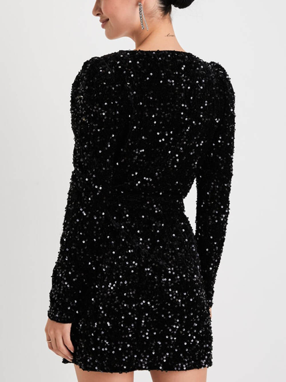 Black Sequin Velvet Long Sleeve Wrap Mini Dress